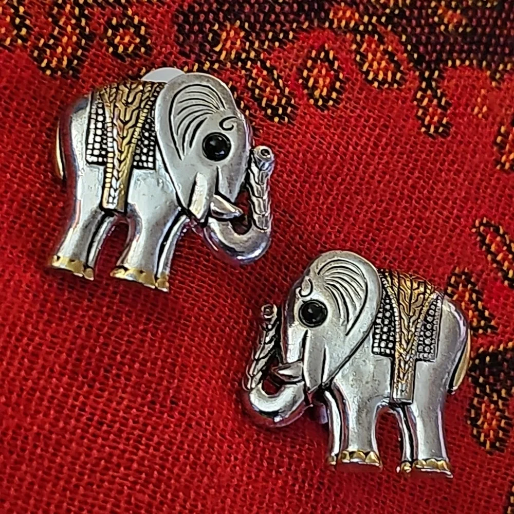 Silver and Gold-tone Clip-on Elephant Earrings - Picture 4 of 6
